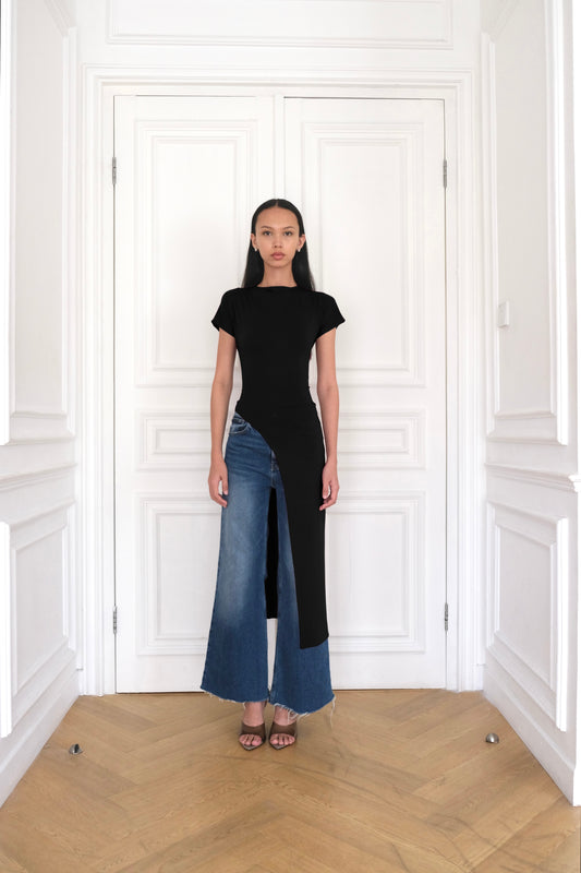 ORIA Short-Sleeve Asymmetrical Long Top in Black