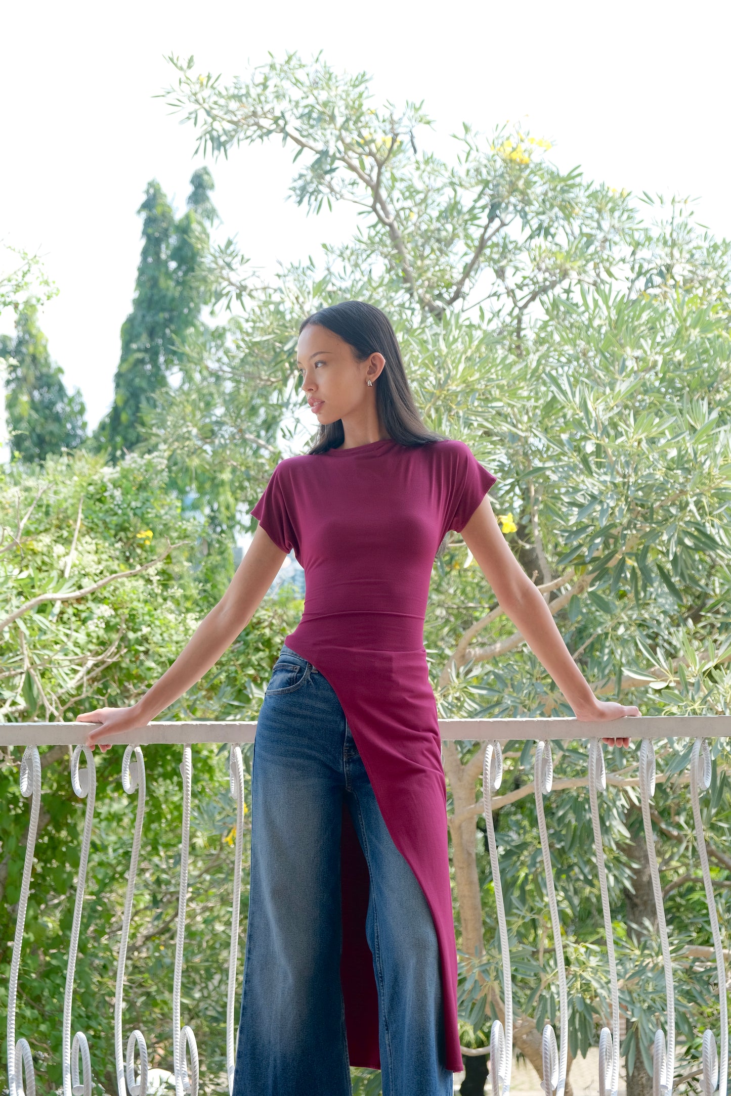 ORIA Short-Sleeve Asymmetrical Long Top in Berry | Final batch