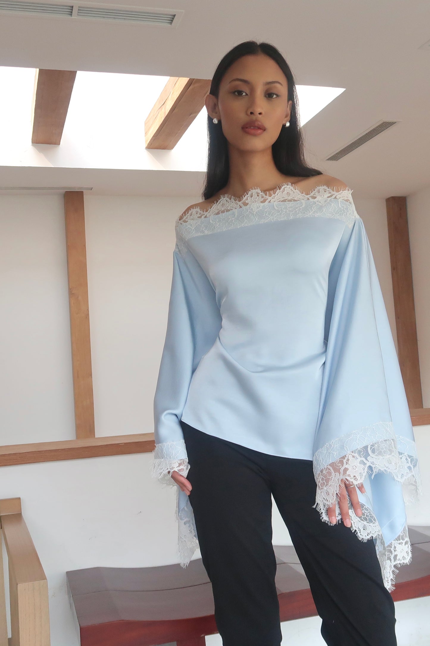 Off-The-Shoulder Lace Cape Top in Sky Blue