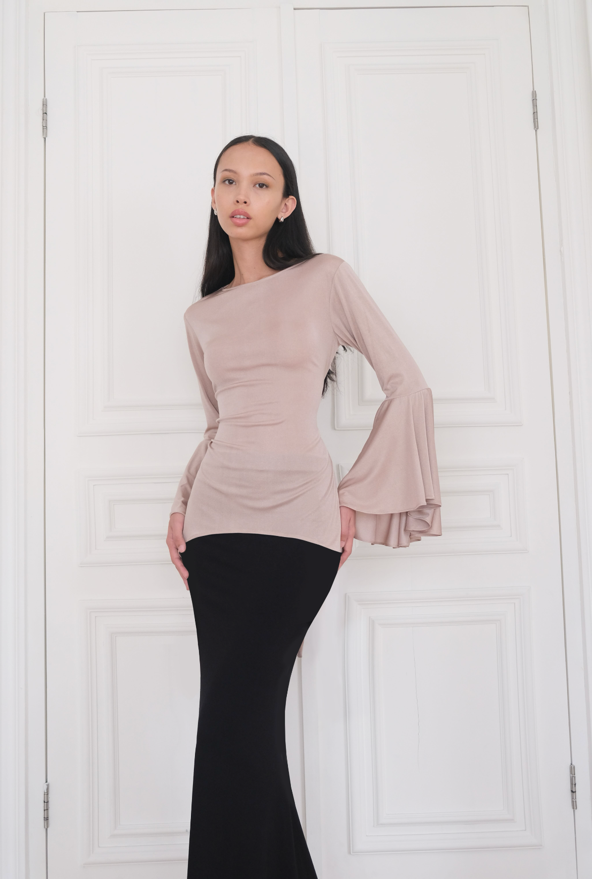 ALAA Glitter Bell Sleeve Top in Pink Champagne
