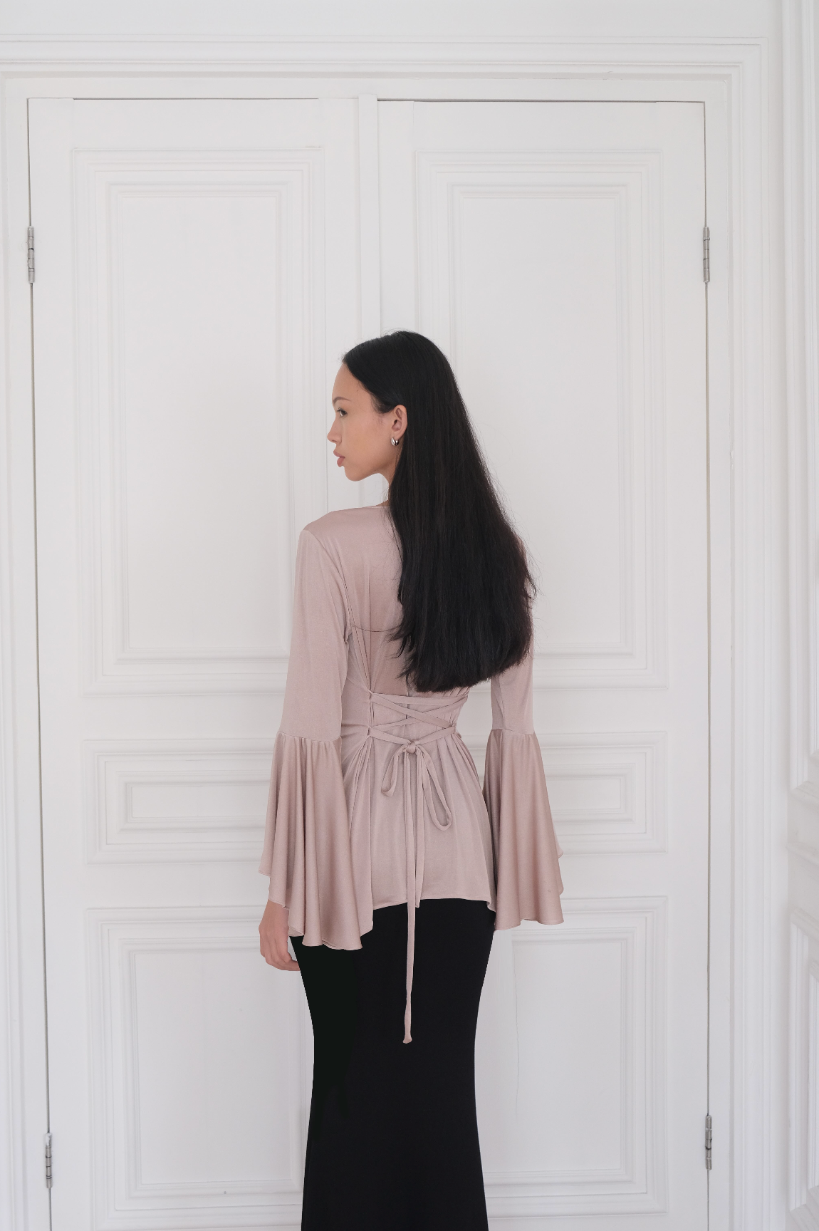 ALAA Glitter Bell Sleeve Top in Pink Champagne