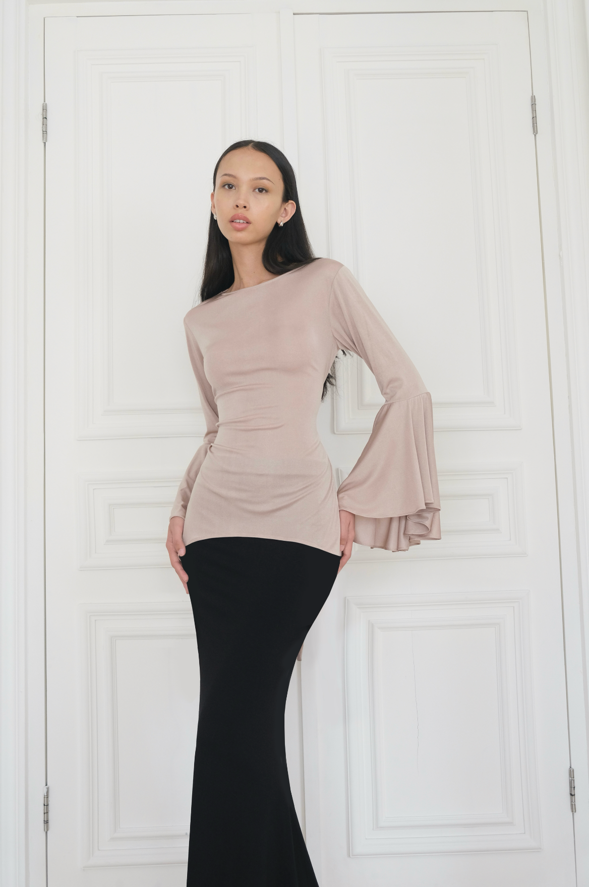ALAA Glitter Bell Sleeve Top in Champagne | limited edition