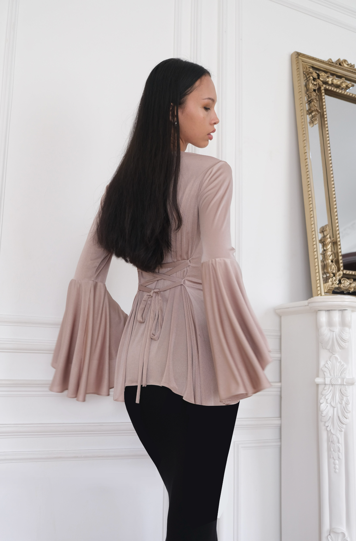 ALAA Glitter Bell Sleeve Top in Pink Champagne