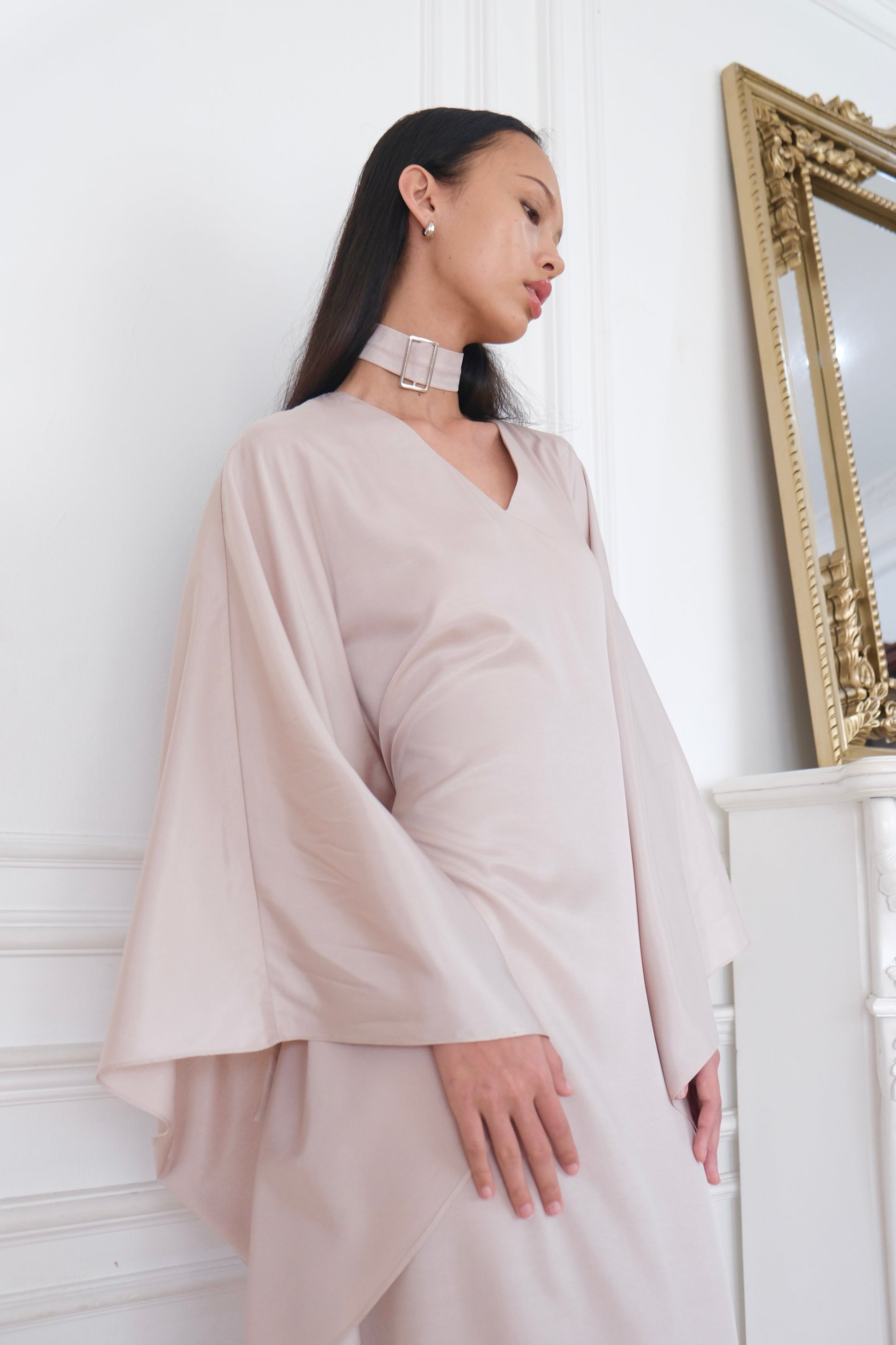 embroidered belted kaftan dress Kaftan Dress - Resort & Formal Wear - 2-Piece White Geometric Embroidery Belted - Sheer Chiffon - US 6