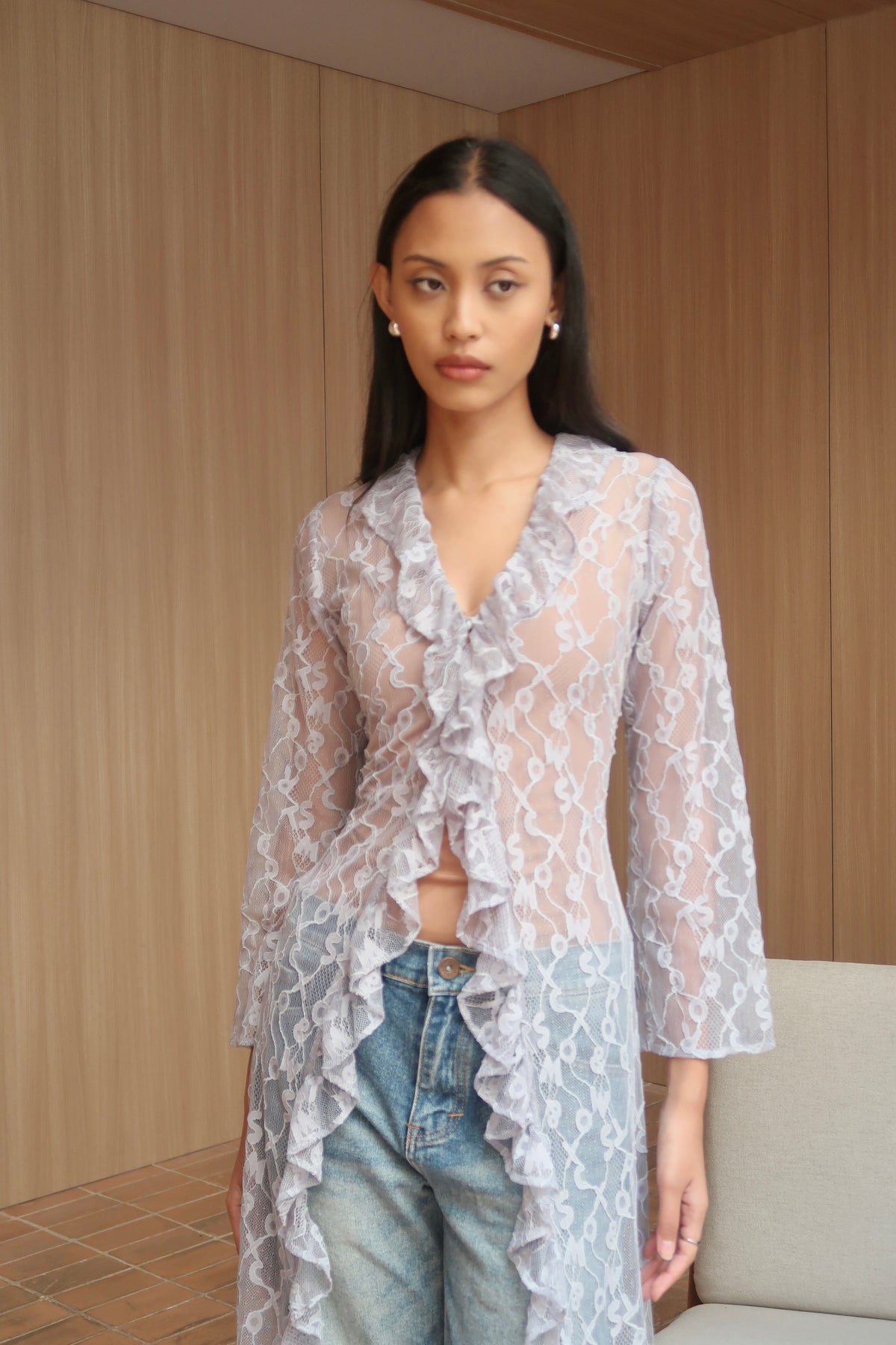 LULA Misprint Letter Lace Long Top in Blue | Limited Run