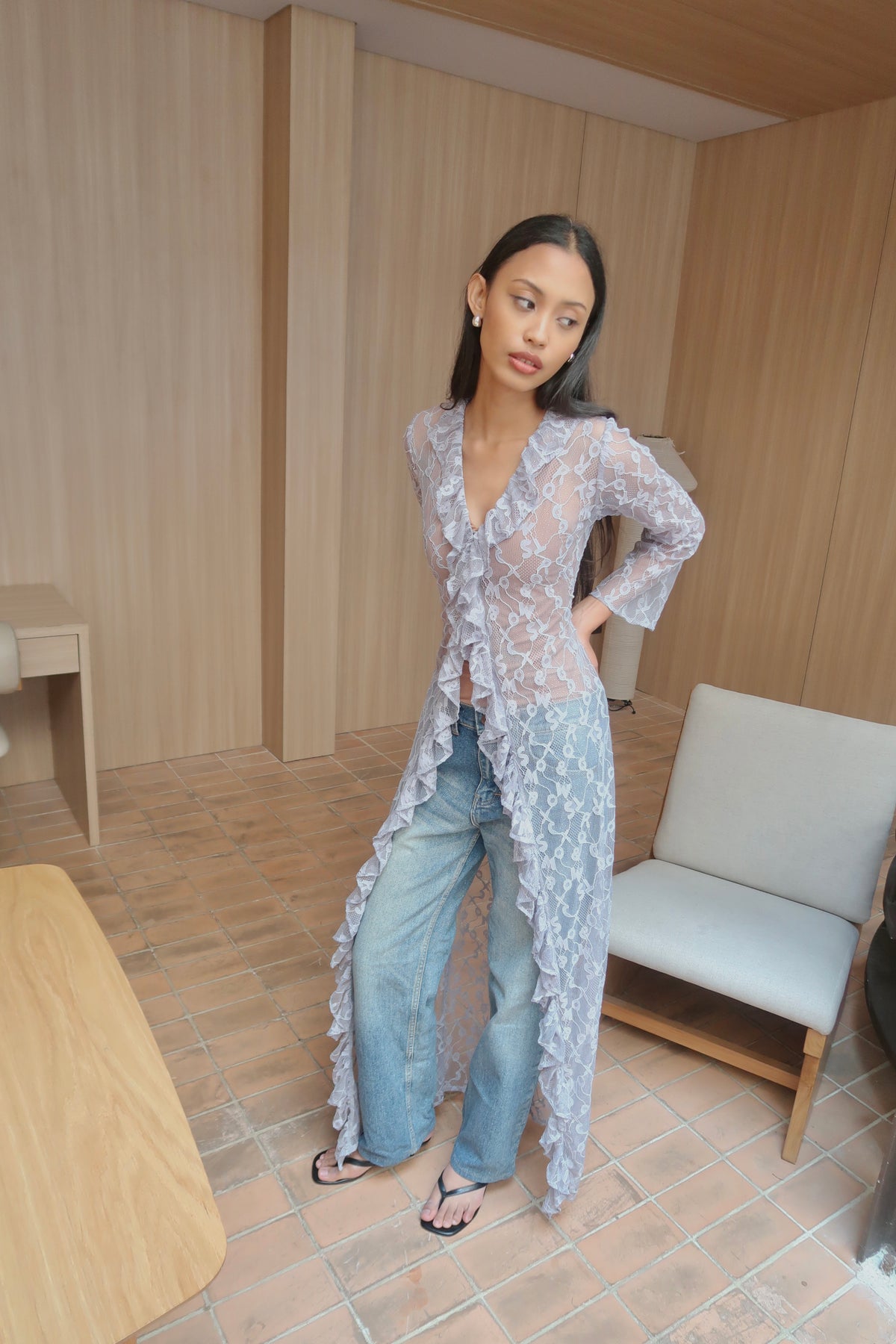 LULA Misprint Letter Lace Long Top in Blue | Limited Run