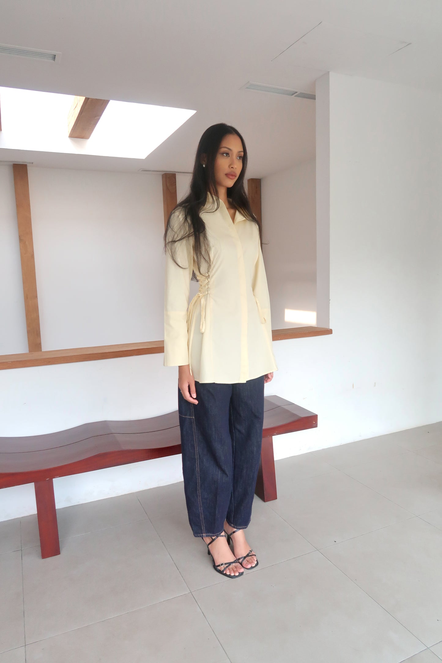 Lace-Up Corset Cotton Shirt in Butter Yellow