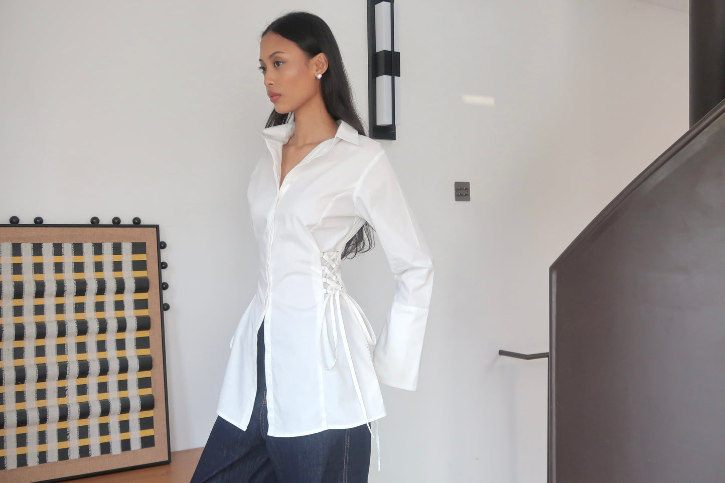 Lace-Up Corset Cotton Long Shirt