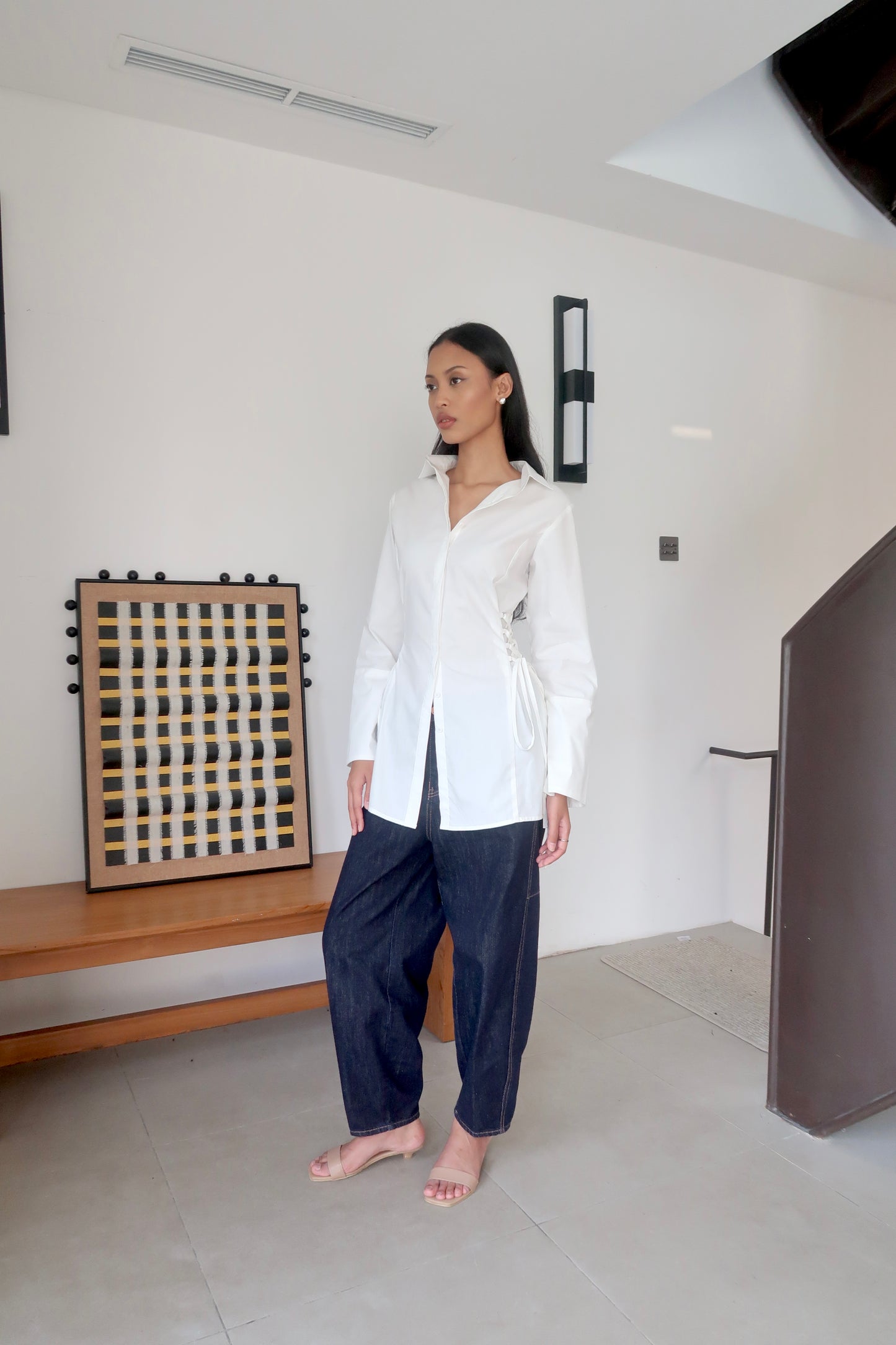 Lace-Up Corset Cotton Long Shirt
