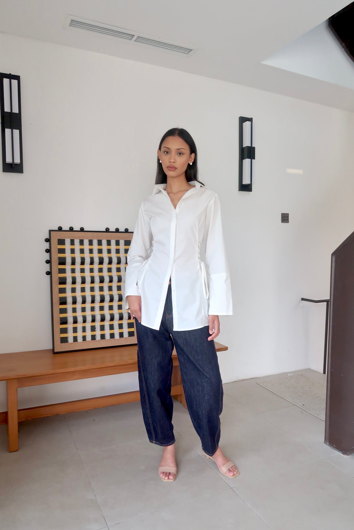 Lace-Up Corset Cotton Long Shirt