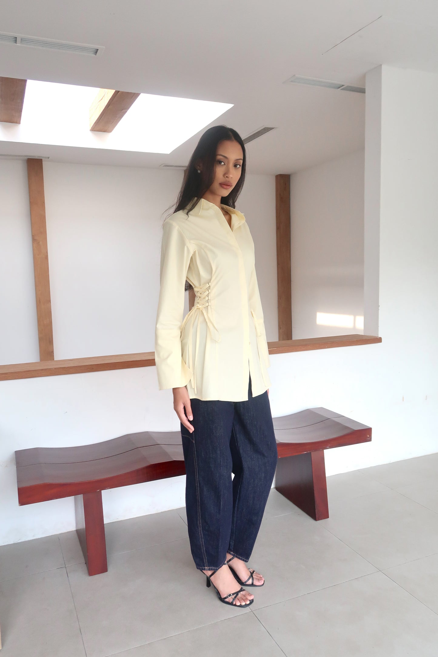 Lace-Up Corset Cotton Shirt in Butter Yellow