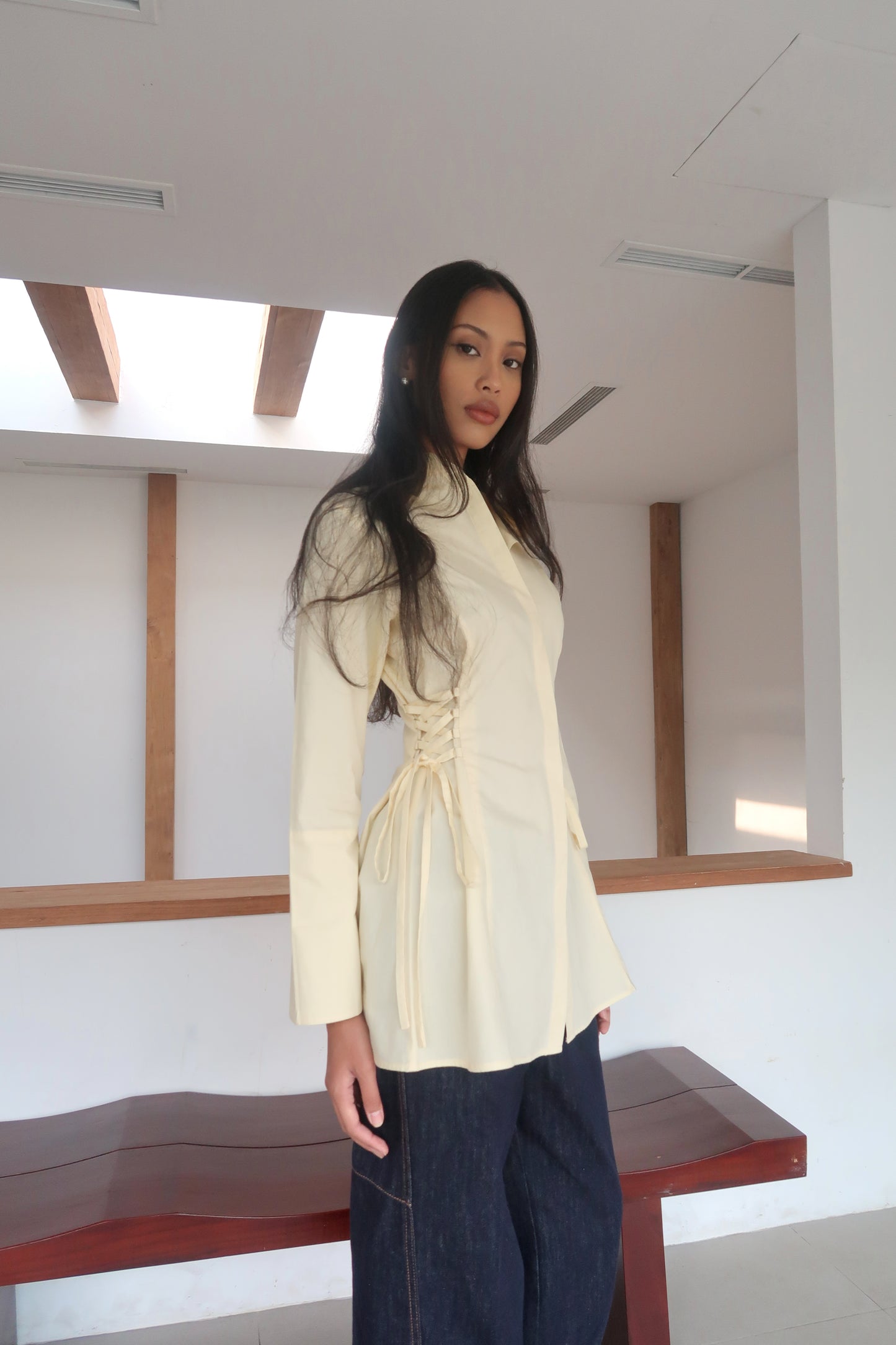 Lace-Up Corset Cotton Shirt in Butter Yellow