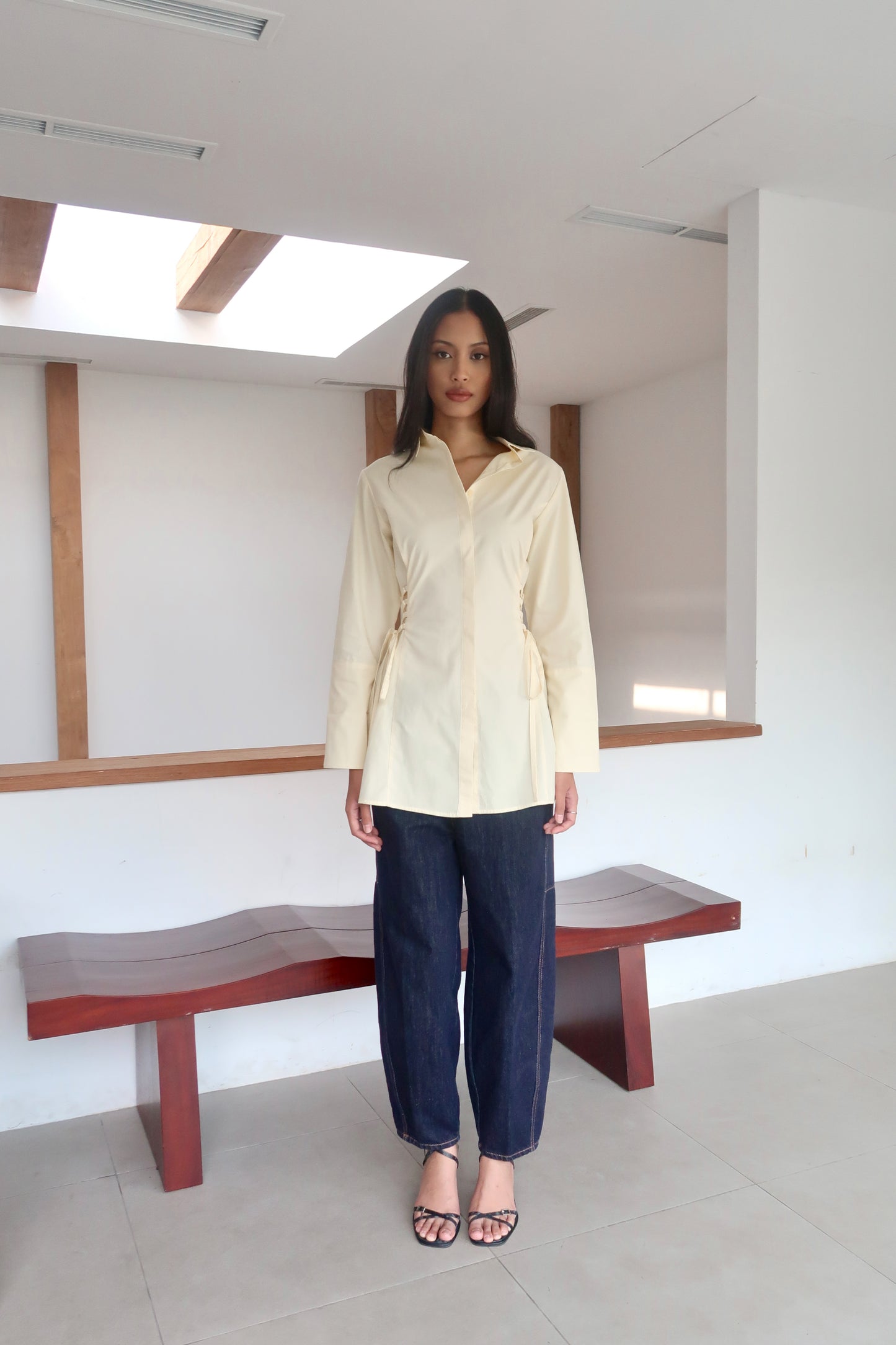 Lace-Up Corset Cotton Shirt in Butter Yellow