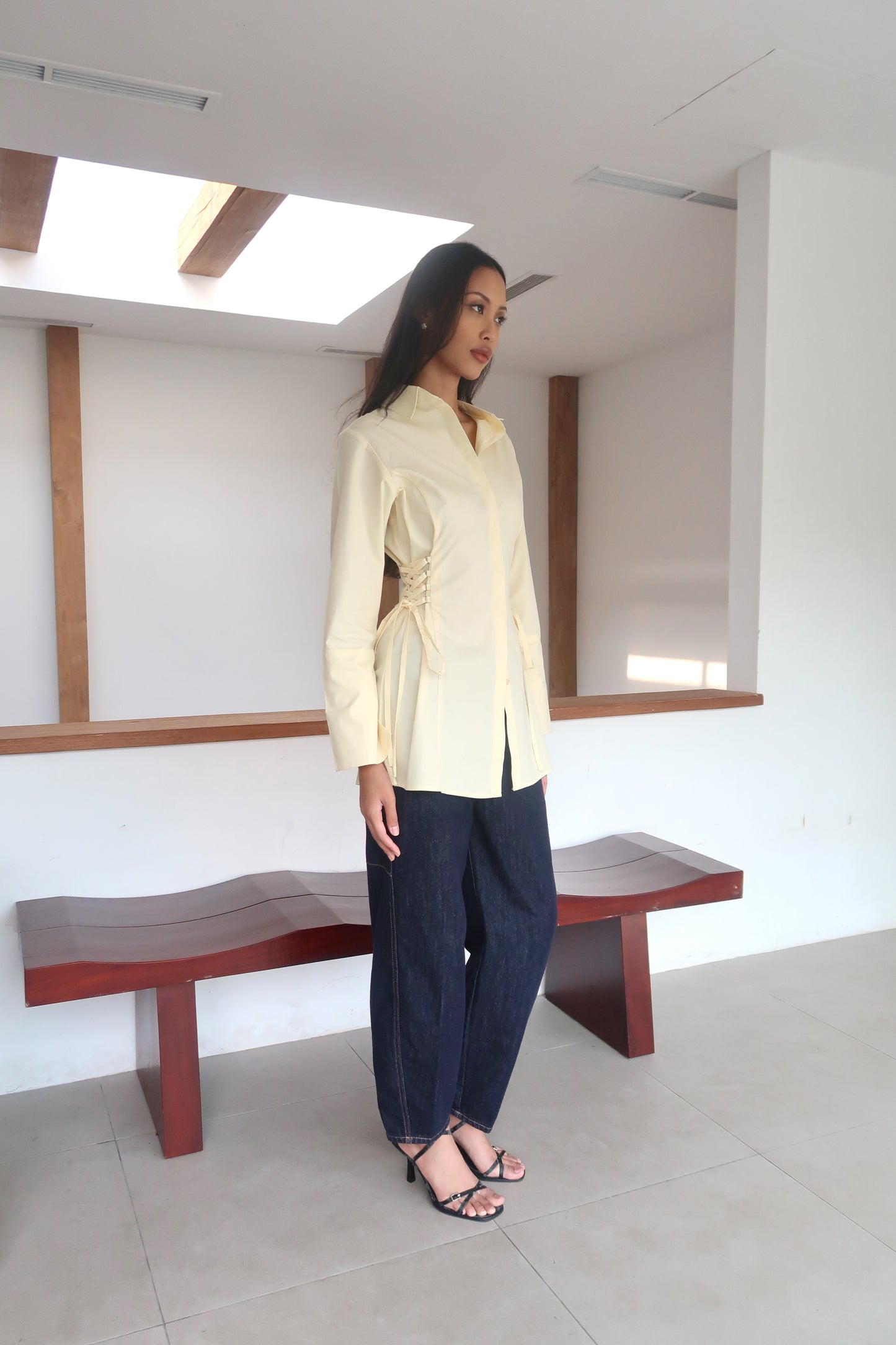 Lace-Up Corset Cotton Shirt in Butter Yellow