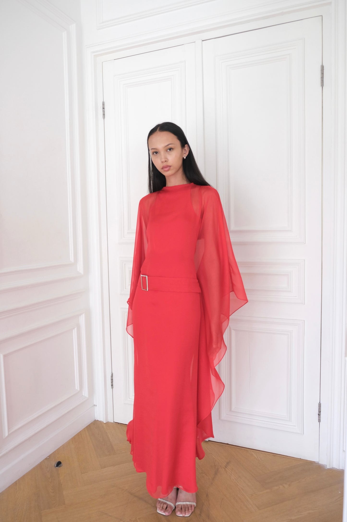 ELARA Belted Kaftan Dress in Poppy Red
