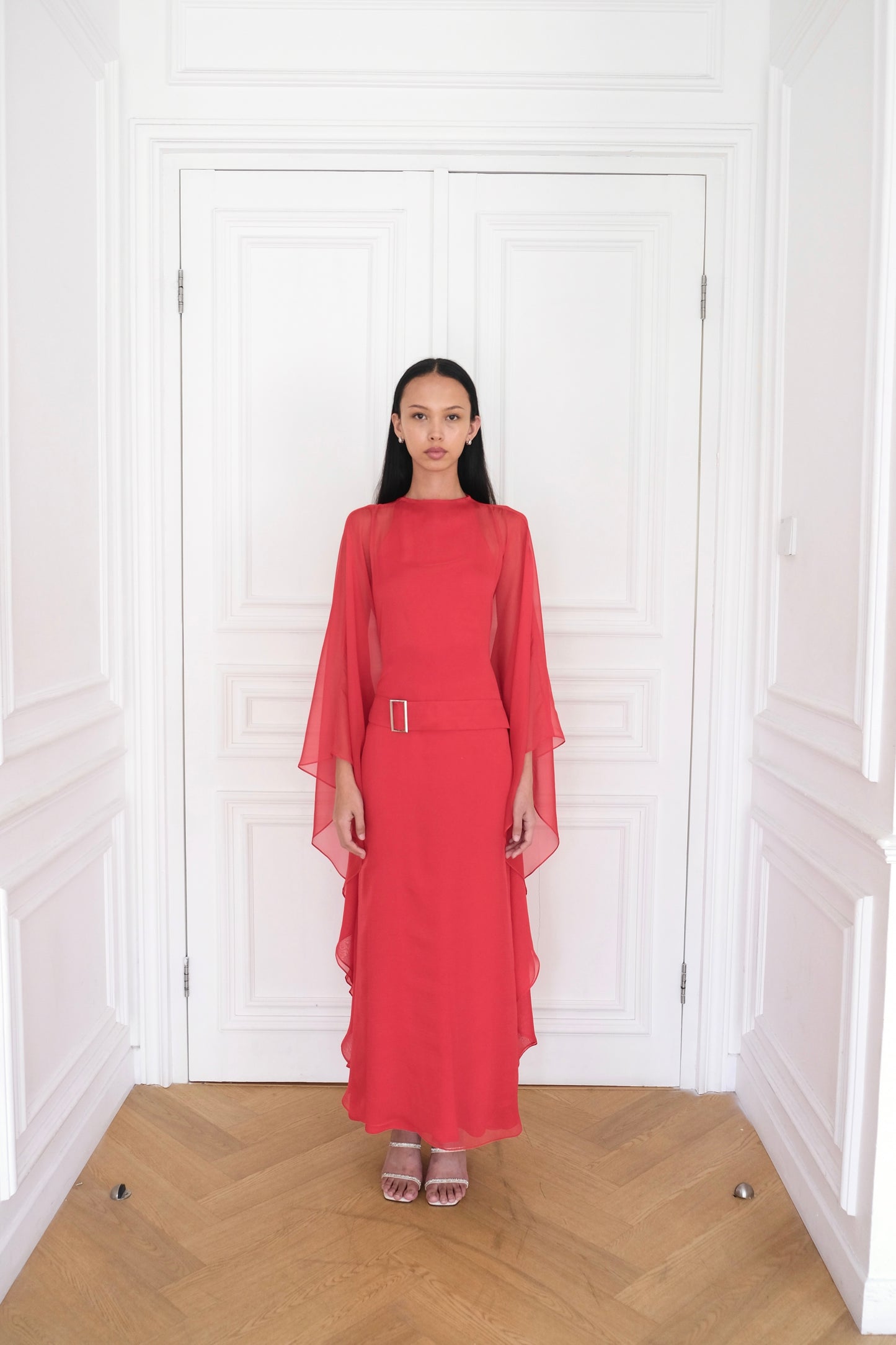 ELARA Belted Kaftan Dress in Poppy Red