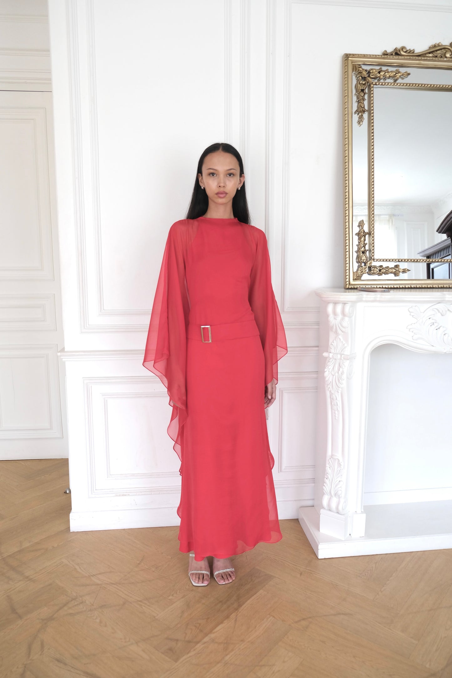 ELARA Belted Kaftan Dress in Poppy Red