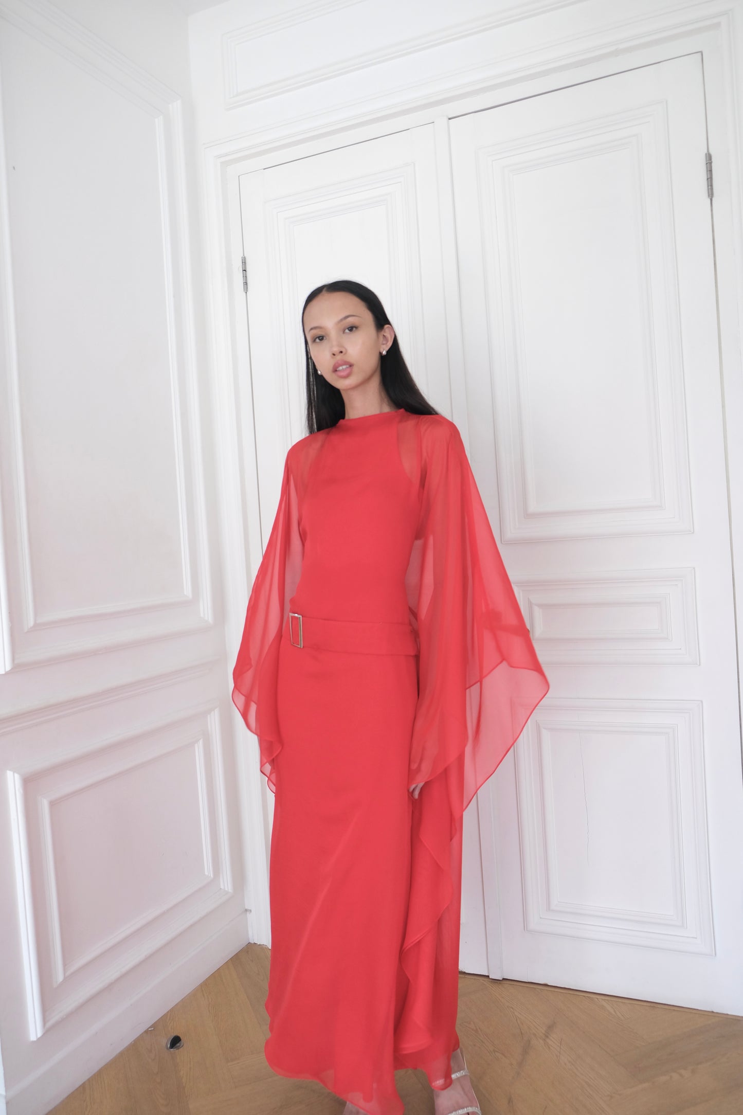 ELARA Belted Kaftan Dress in Poppy Red