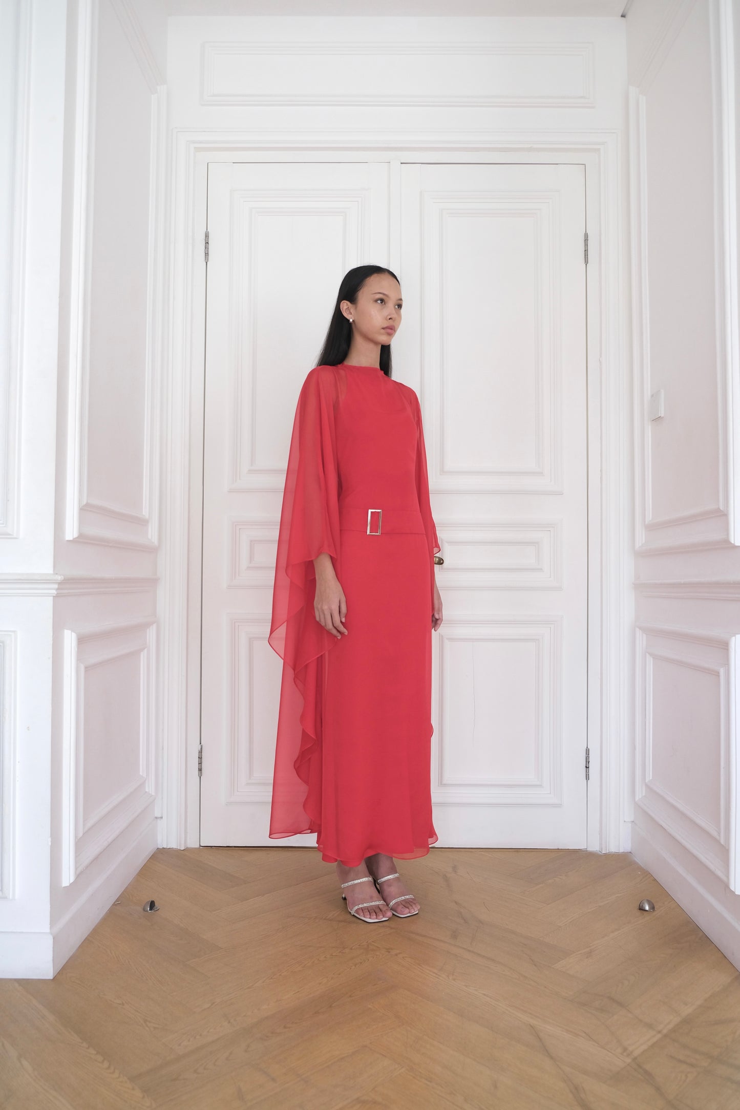 ELARA Belted Kaftan Dress in Poppy Red