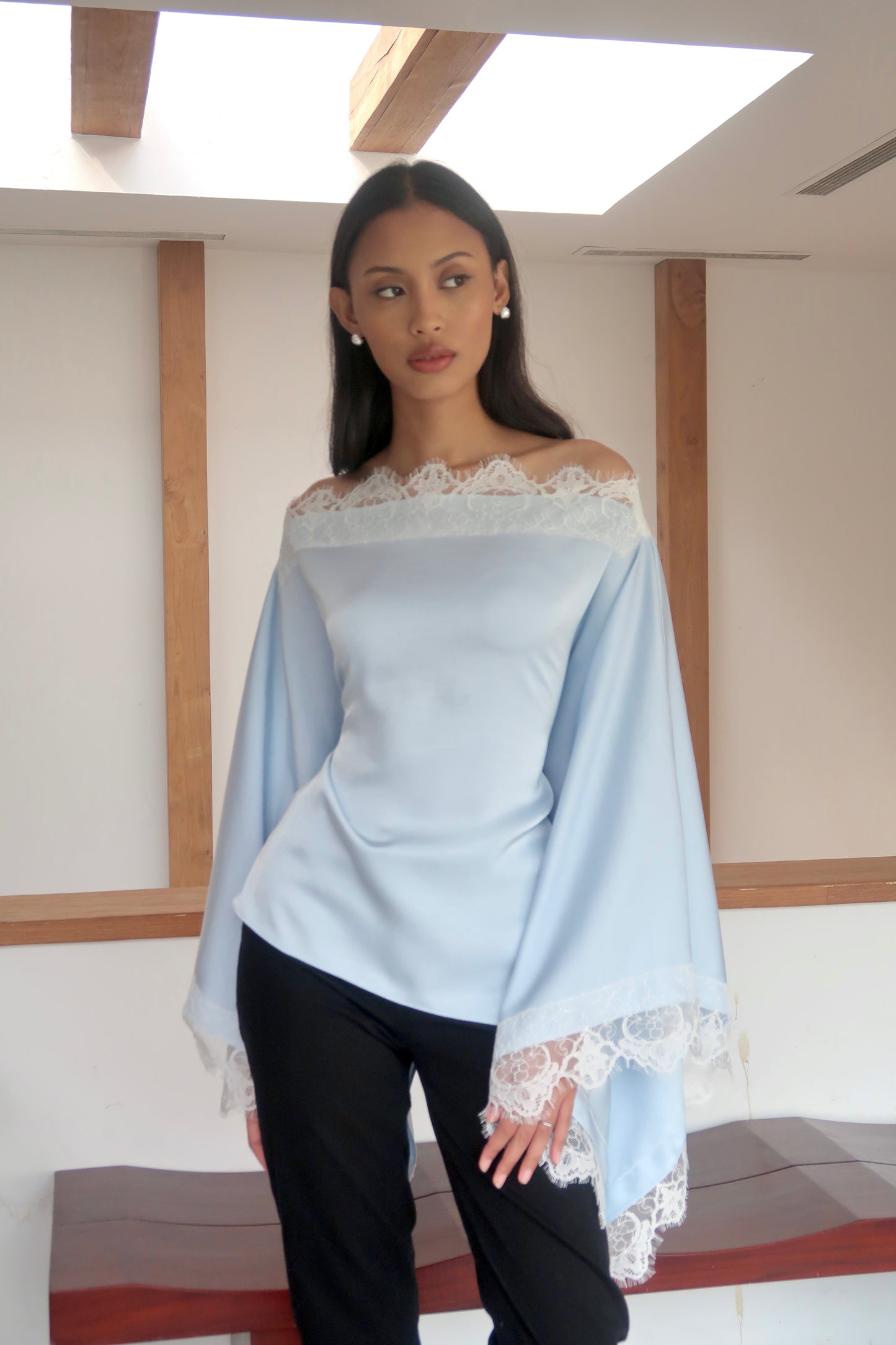 Off-The-Shoulder Lace Cape Top in Sky Blue