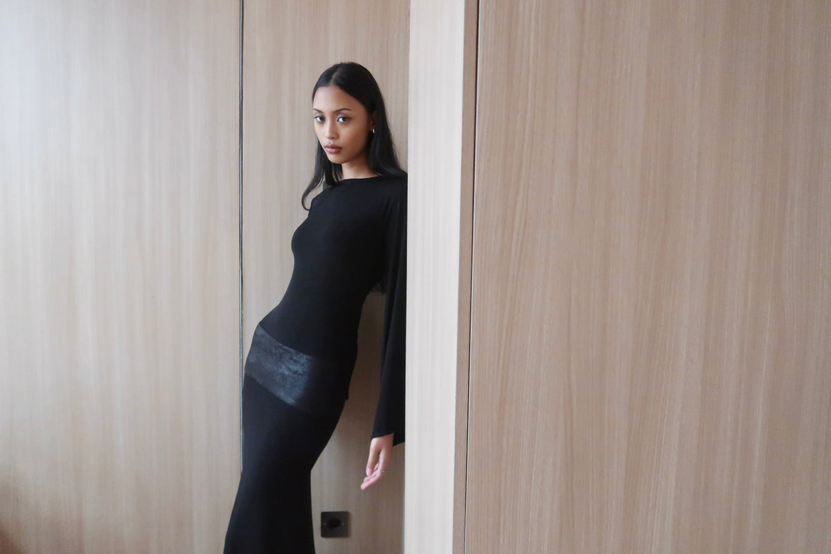 MAIA Drop Waist Sequin Black Dress