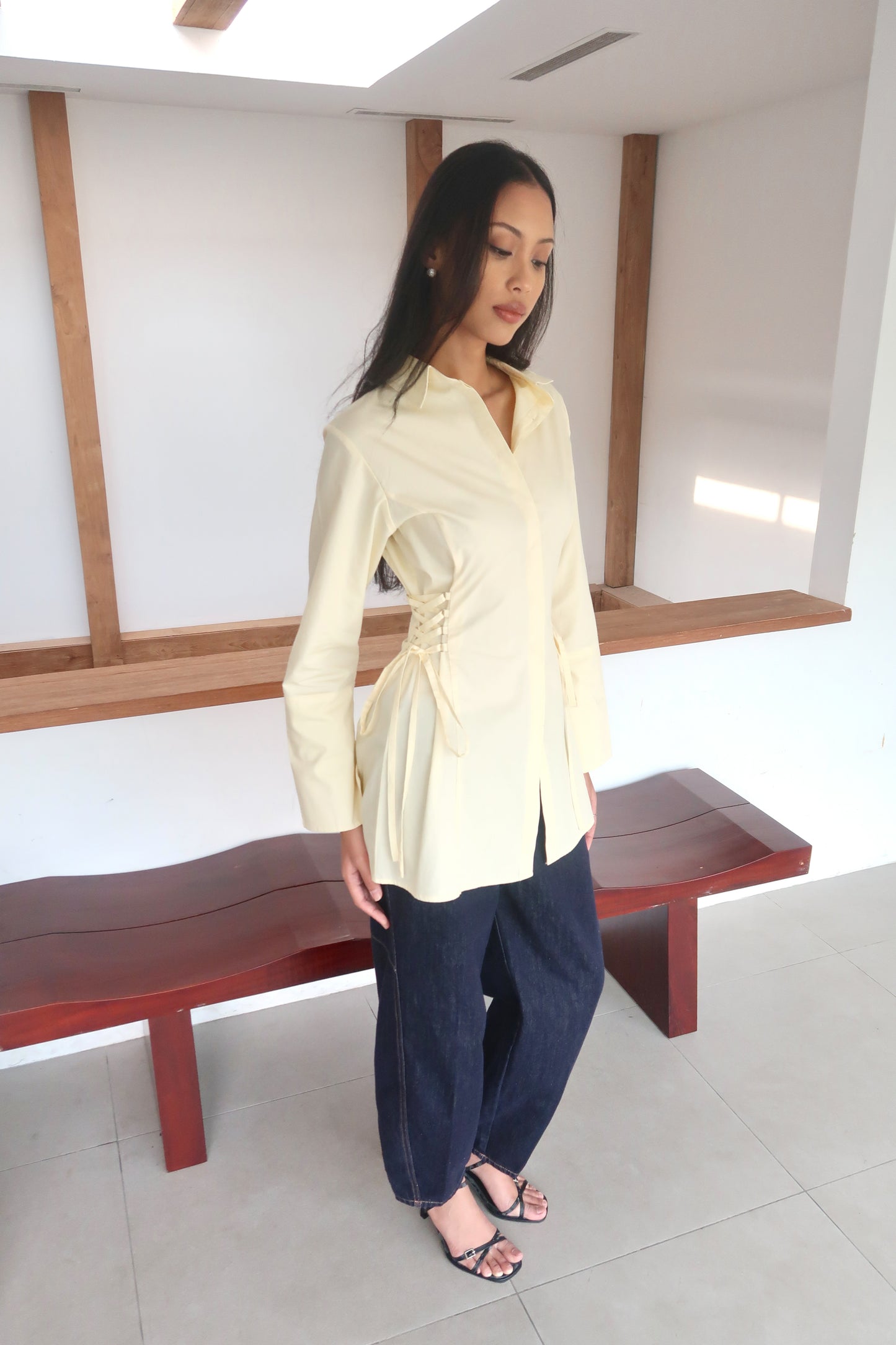 Lace-Up Corset Cotton Shirt in Butter Yellow