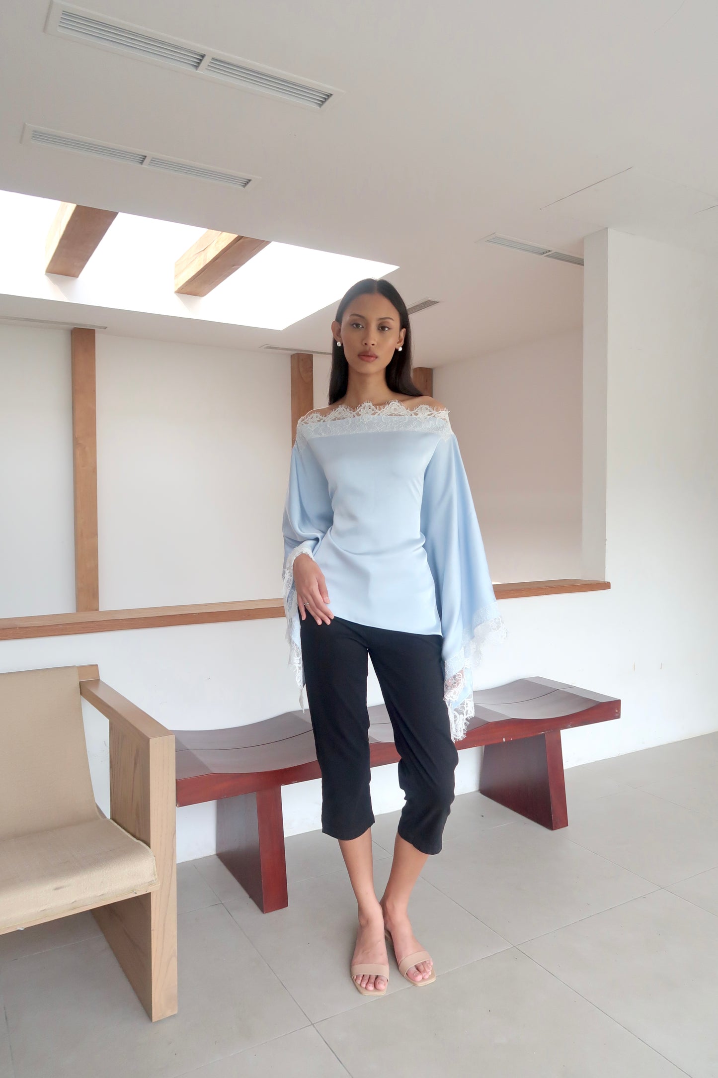 Off-The-Shoulder Lace Cape Top in Sky Blue