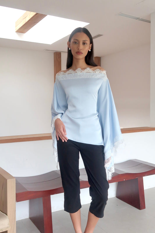 Off-The-Shoulder Lace Cape Top in Sky Blue