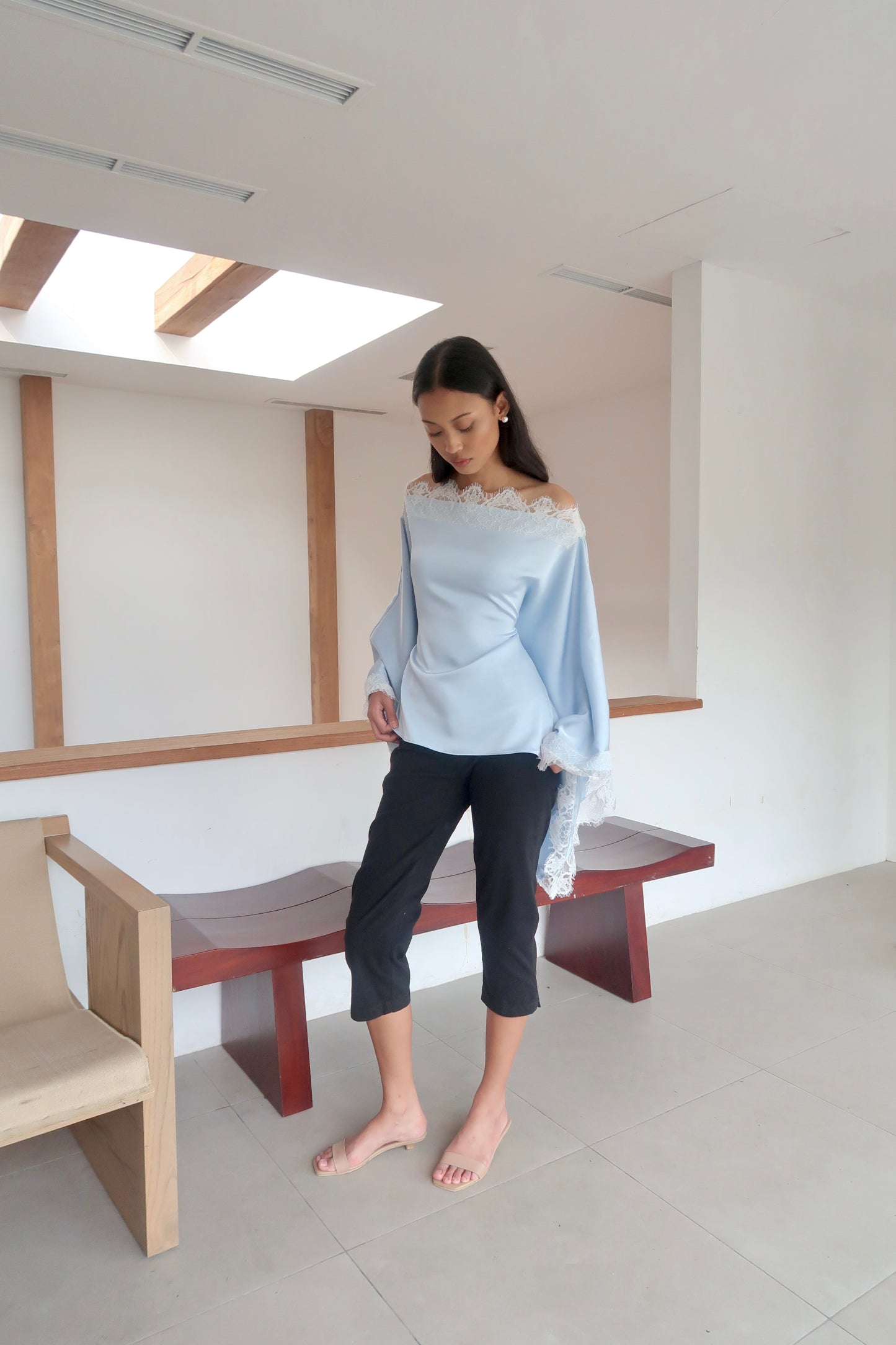 Off-The-Shoulder Lace Cape Top in Sky Blue