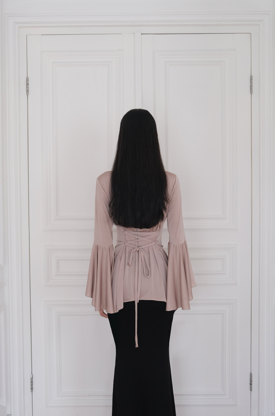 ALAA Glitter Bell Sleeve Top in Pink Champagne