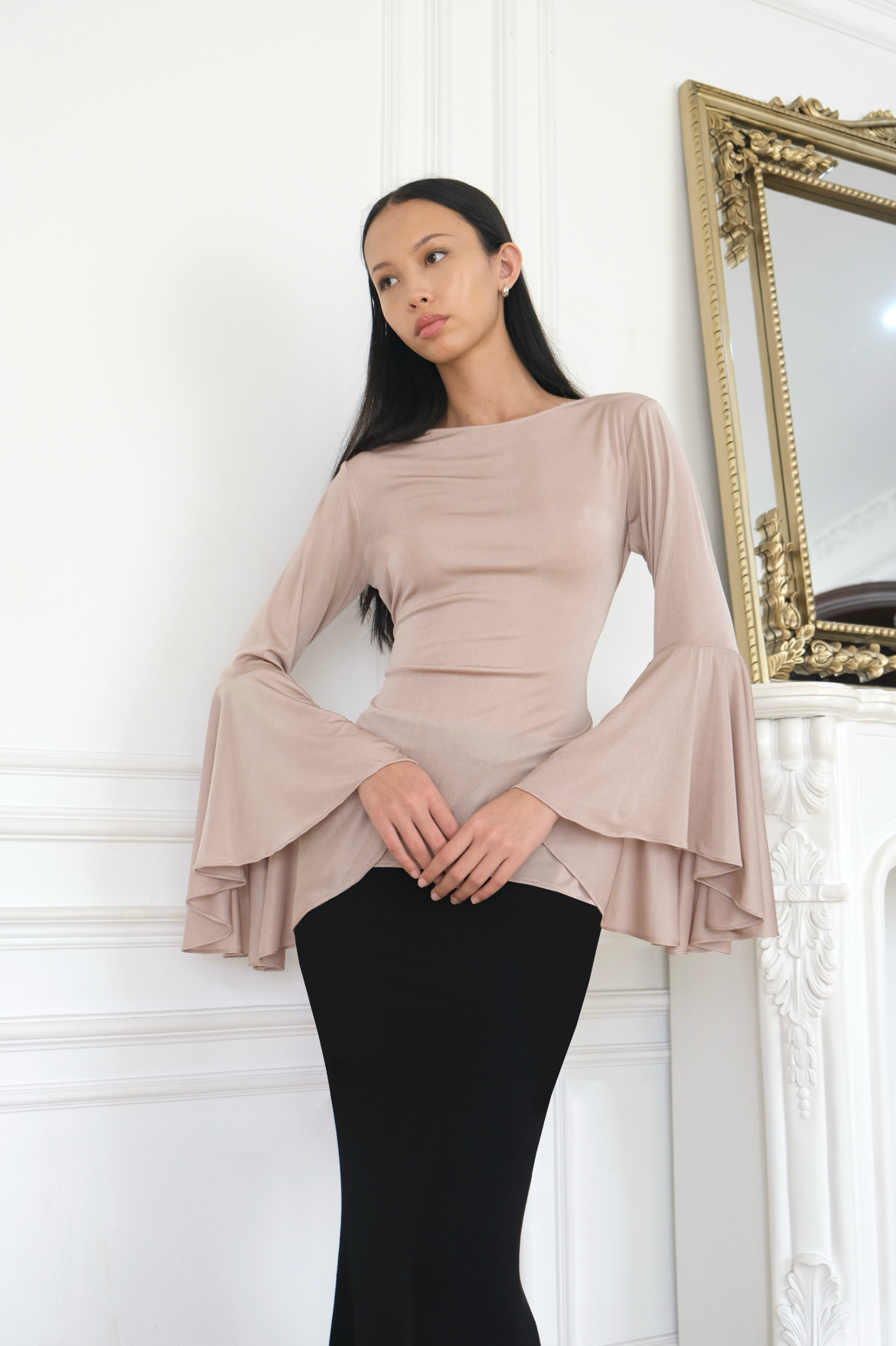 ALAA Glitter Bell Sleeve Top in Champagne | limited edition
