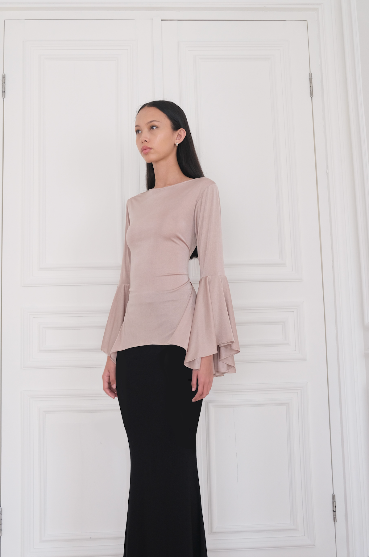 ALAA Glitter Bell Sleeve Top in Pink Champagne