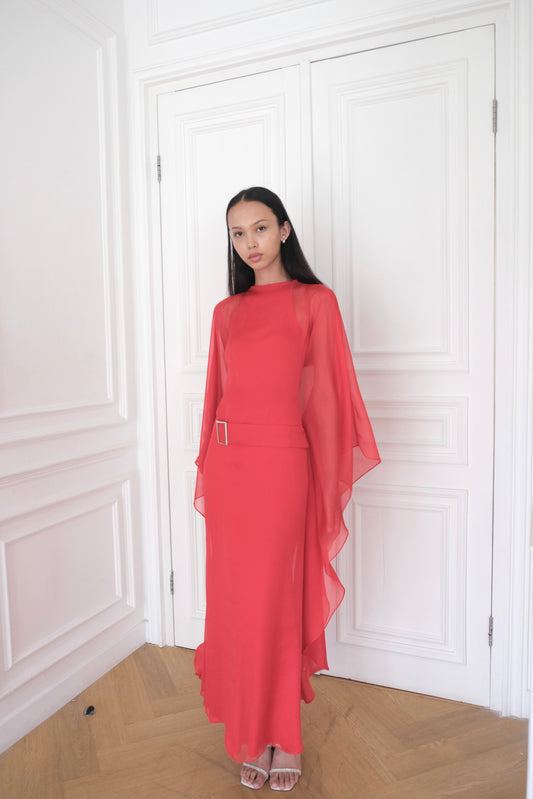ELARA Belted Kaftan Dress in Poppy Red