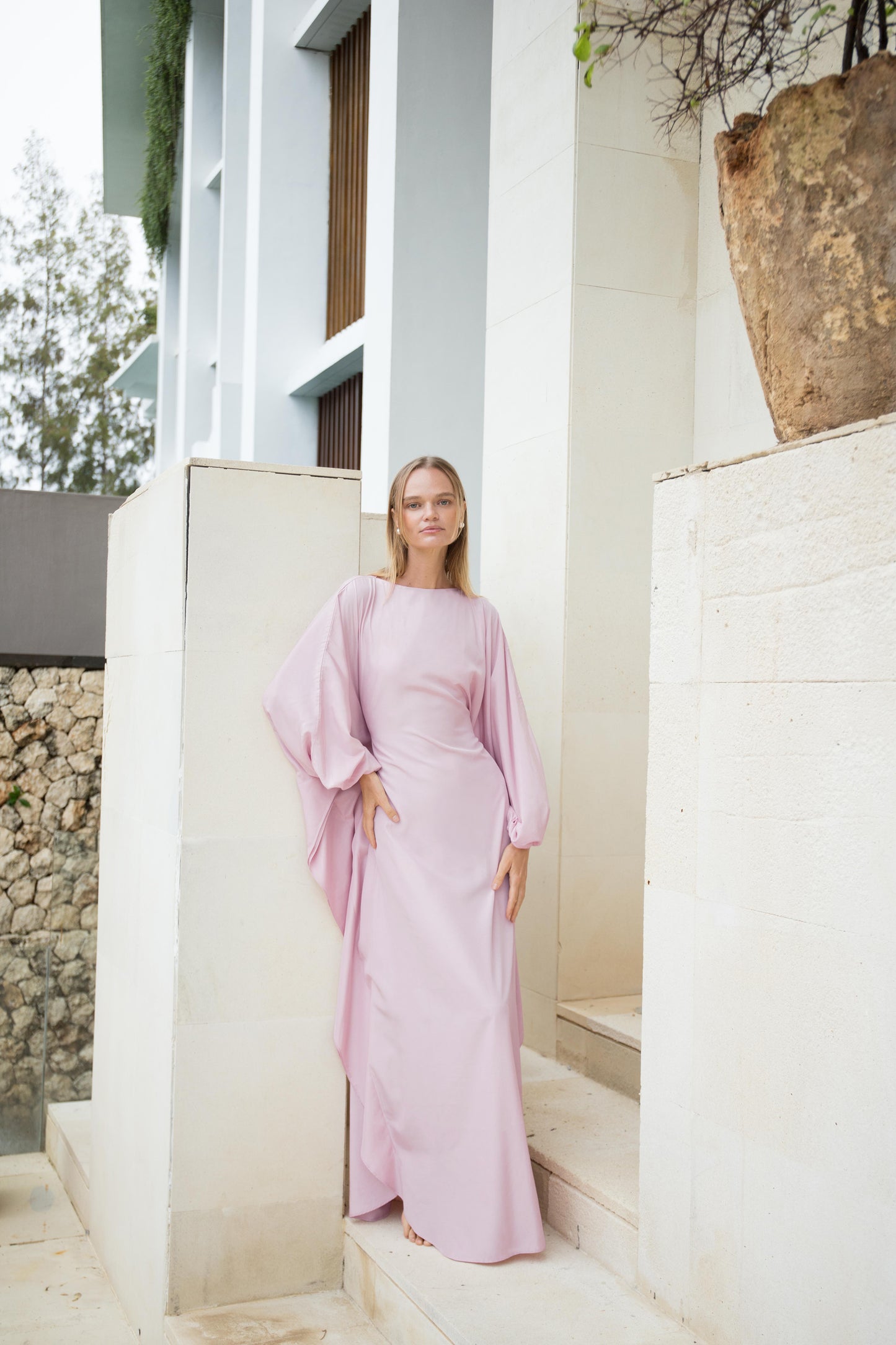 Silk Puff Kaftan in Pink Lilac