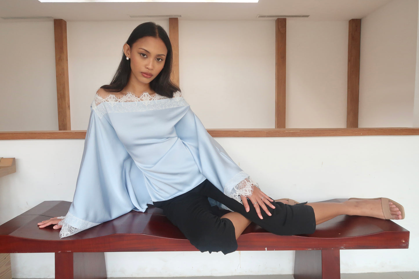 Off-The-Shoulder Lace Cape Top in Sky Blue